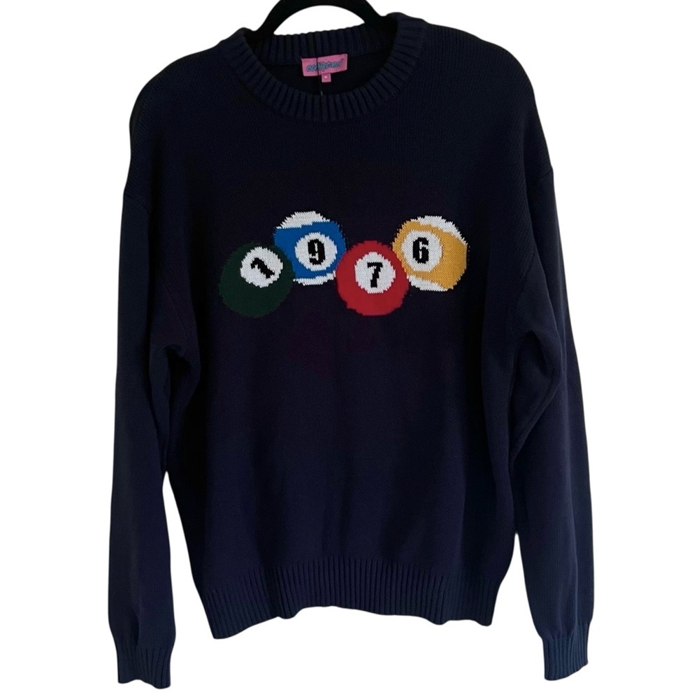 Edikted Blue 1976 Billiards Cotton Graphic Crewneck Sweater NWT Medium